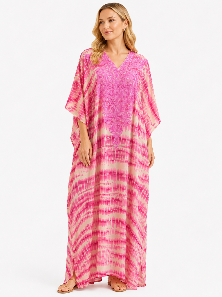 Pink & Cream Flowing Kaftan with Intricate Front Embroidery