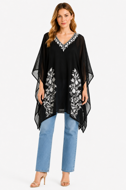 Midnight Noir Chiffon Short Kaftan with Pearl White Aari Embroidery