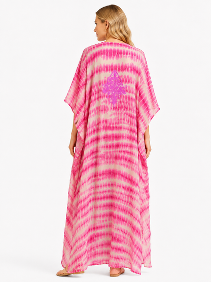 Pink & Cream Flowing Kaftan with Intricate Front Embroidery