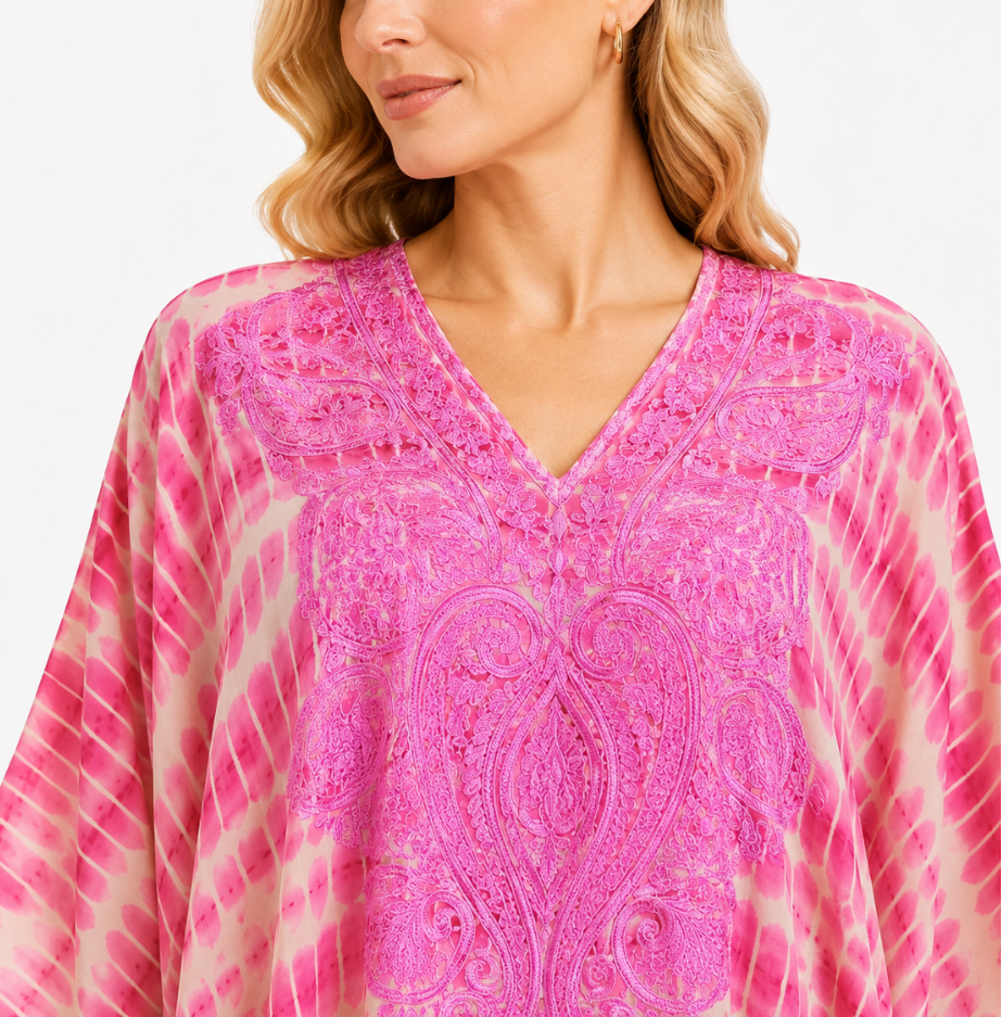 Pink & Cream Flowing Kaftan with Intricate Front Embroidery