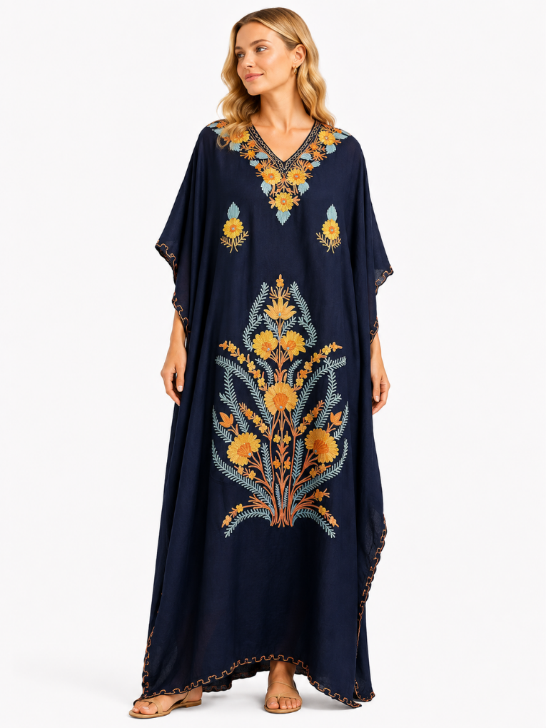 Navy Blue Floral Embroidered Kashmiri Kaftan