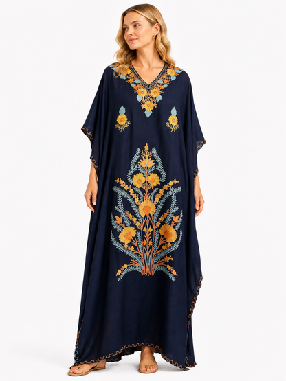 Navy Blue Floral Embroidered Kashmiri Kaftan