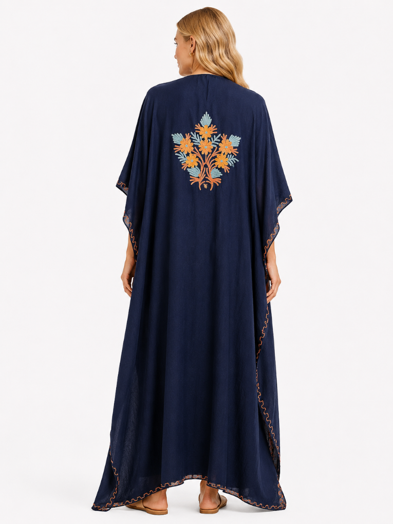 Navy Blue Floral Embroidered Kashmiri Kaftan