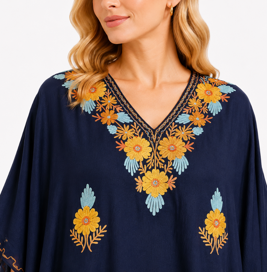 Navy Blue Floral Embroidered Kashmiri Kaftan