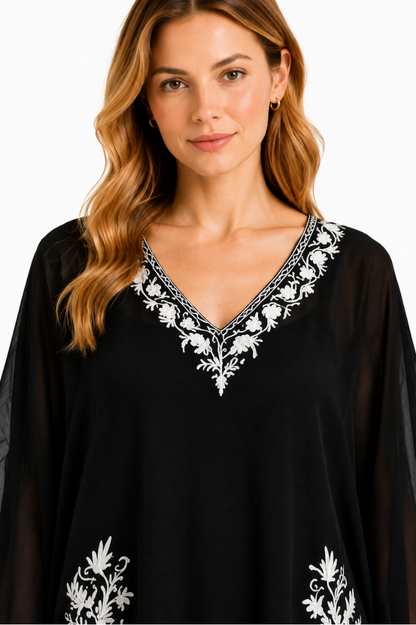 Midnight Noir Chiffon Short Kaftan with Pearl White Aari Embroidery