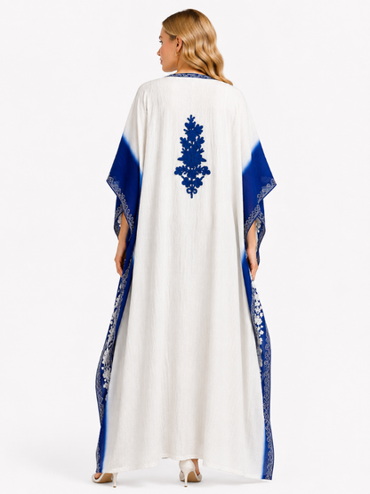 Kohsar White Cotton Kaftan with Indigo Valley Aari Embroidery