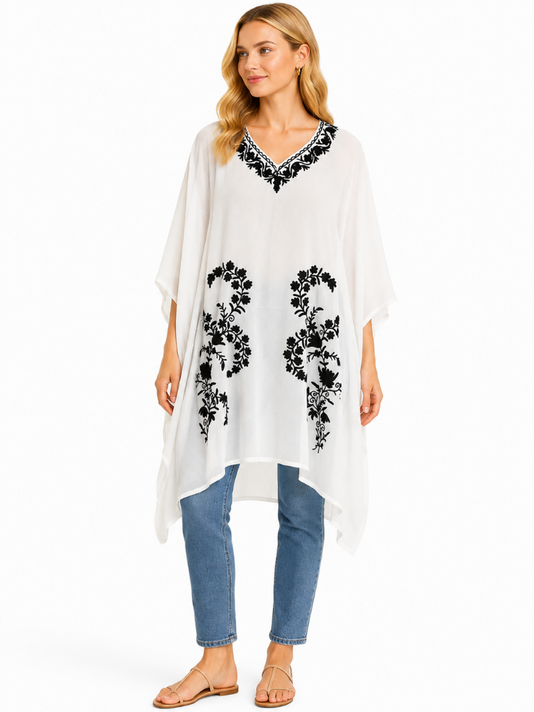 Ivory White Elegant Short Kaftan with Intricate Black Floral Embroidery