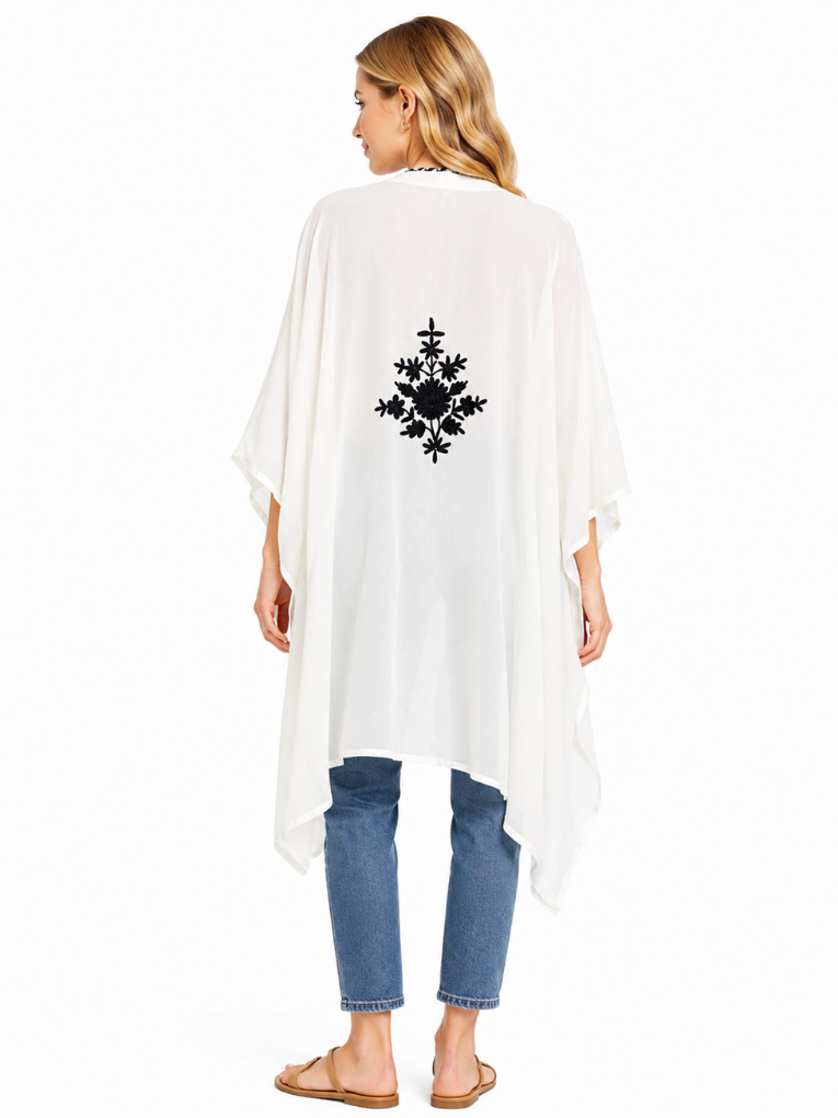Ivory White Elegant Short Kaftan with Intricate Black Floral Embroidery