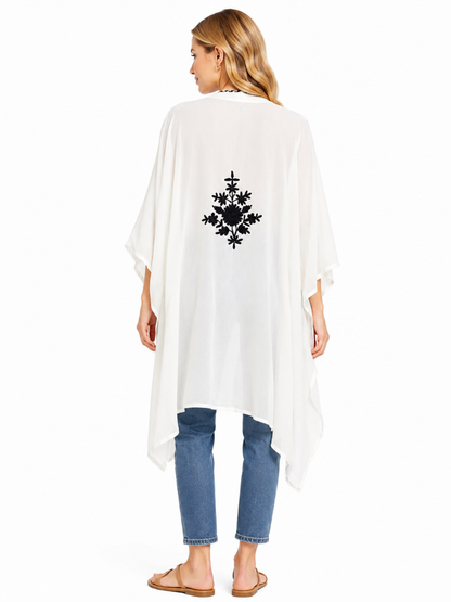 Ivory White Elegant Short Kaftan with Intricate Black Floral Embroidery