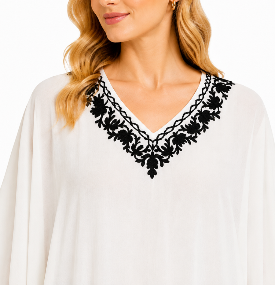 Ivory White Elegant Short Kaftan with Intricate Black Floral Embroidery
