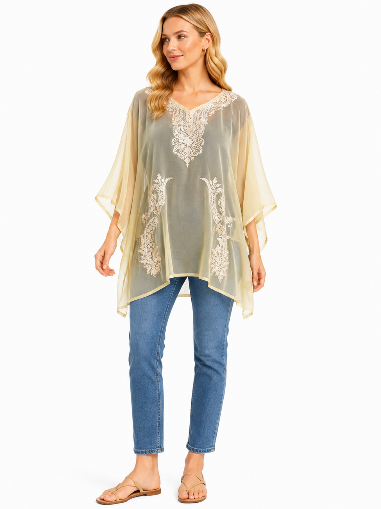 Sage Olive Chiffon Kaftan with Intricate Ivory Floral Embroidery