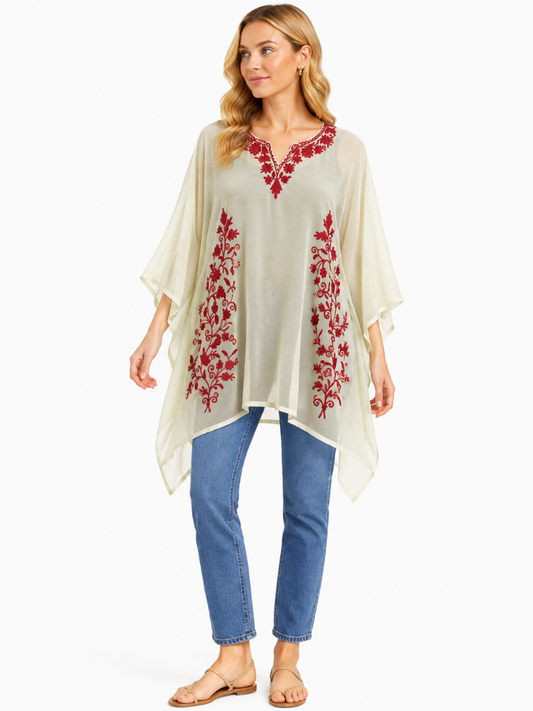 Ivory Embroidered Kaftan with Rich Crimson Floral Vine Embroidery