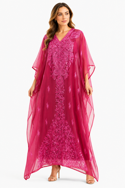 Fuchsia Floral Paisley Kashmiri Embroidered Kaftan