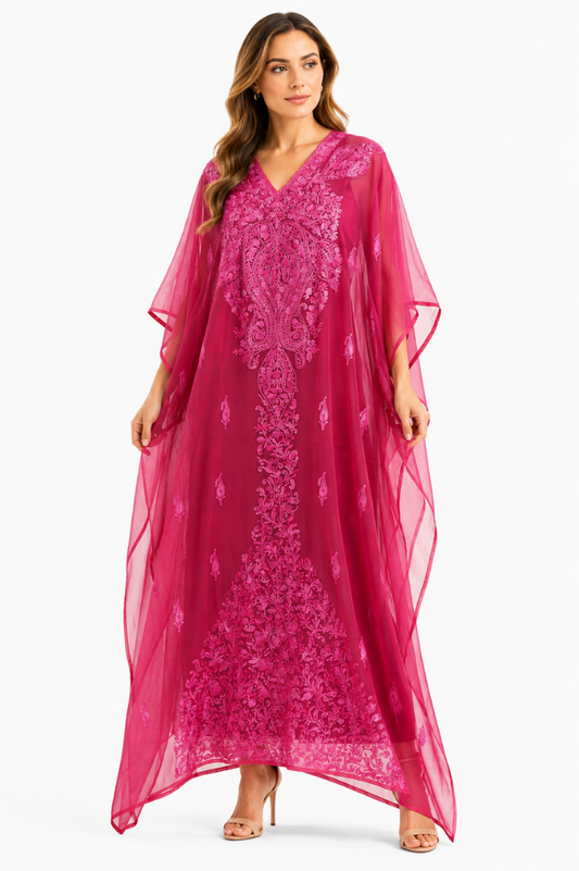 Fuchsia Floral Paisley Kashmiri Embroidered Kaftan