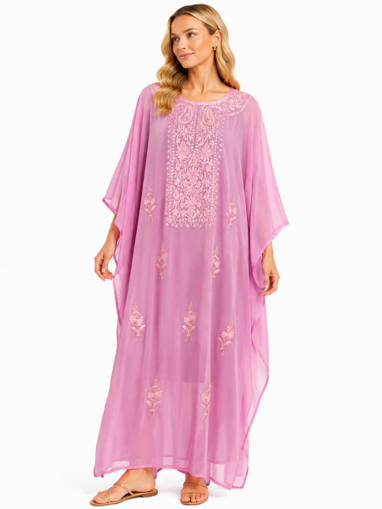 Elegant Blush Pink Kaftan with Intricate Floral Paisley Embroidered Front Panel
