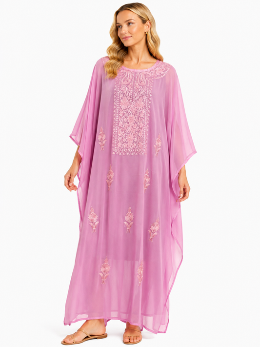 Elegant Blush Pink Kaftan with Intricate Floral Paisley Embroidered Front Panel