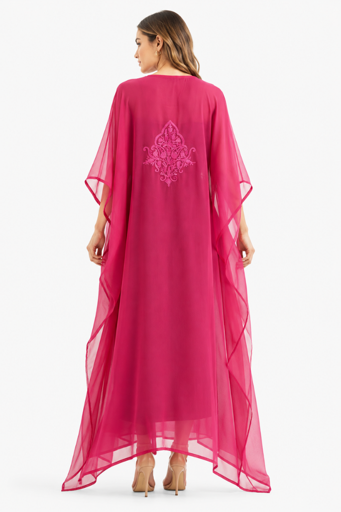 Fuchsia Floral Paisley Kashmiri Embroidered Kaftan