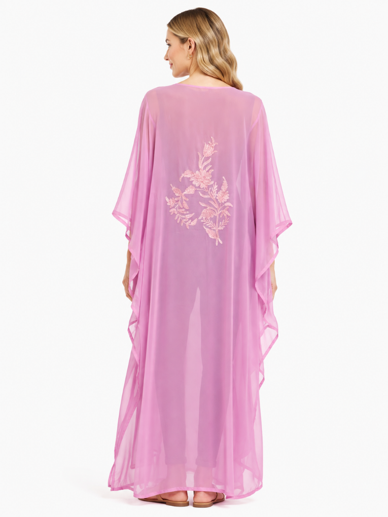 Elegant Blush Pink Kaftan with Intricate Floral Paisley Embroidered Front Panel