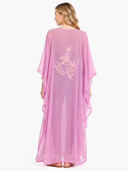 Elegant Blush Pink Kaftan with Intricate Floral Paisley Embroidered Front Panel