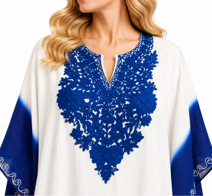 Kohsar White Cotton Kaftan with Indigo Valley Aari Embroidery