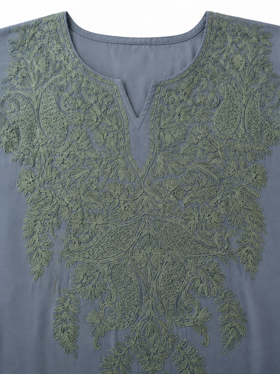 Misty Sage Crepe Kaftan with Celadon Aari Embroidery