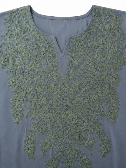 Misty Sage Crepe Kaftan with Celadon Aari Embroidery