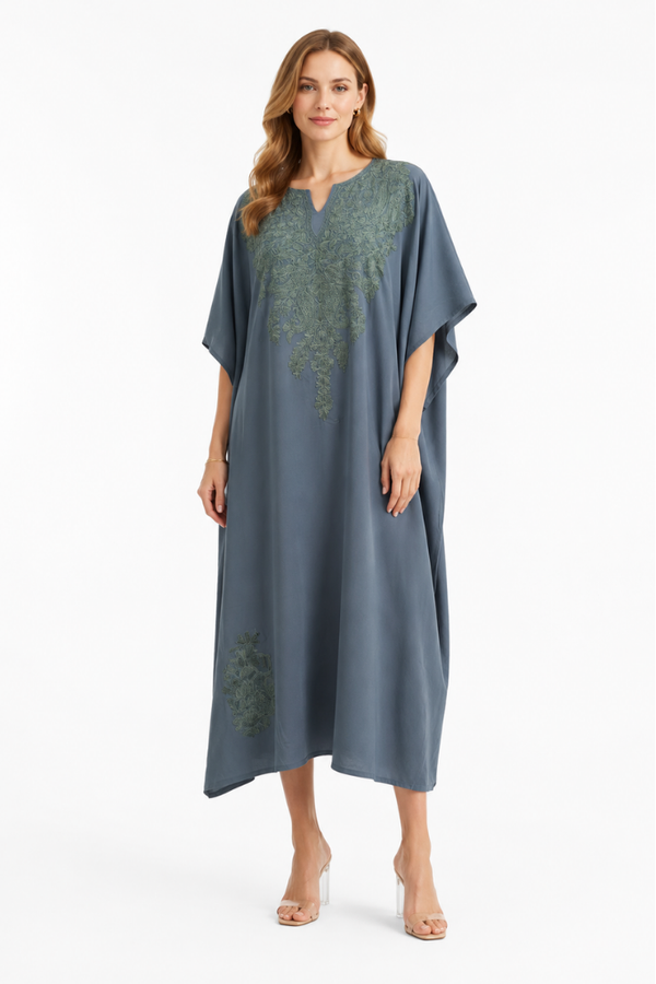 Misty Sage Crepe Kaftan with Celadon Aari Embroidery