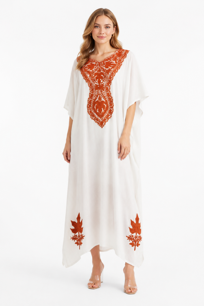 Vanilla Ivory Crepe Kaftan with Burnt Orange Aari Embroidery