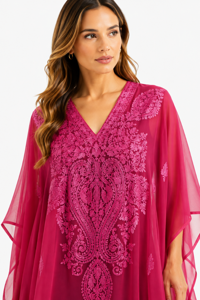 Fuchsia Floral Paisley Kashmiri Embroidered Kaftan