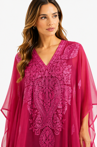 Fuchsia Floral Paisley Kashmiri Embroidered Kaftan