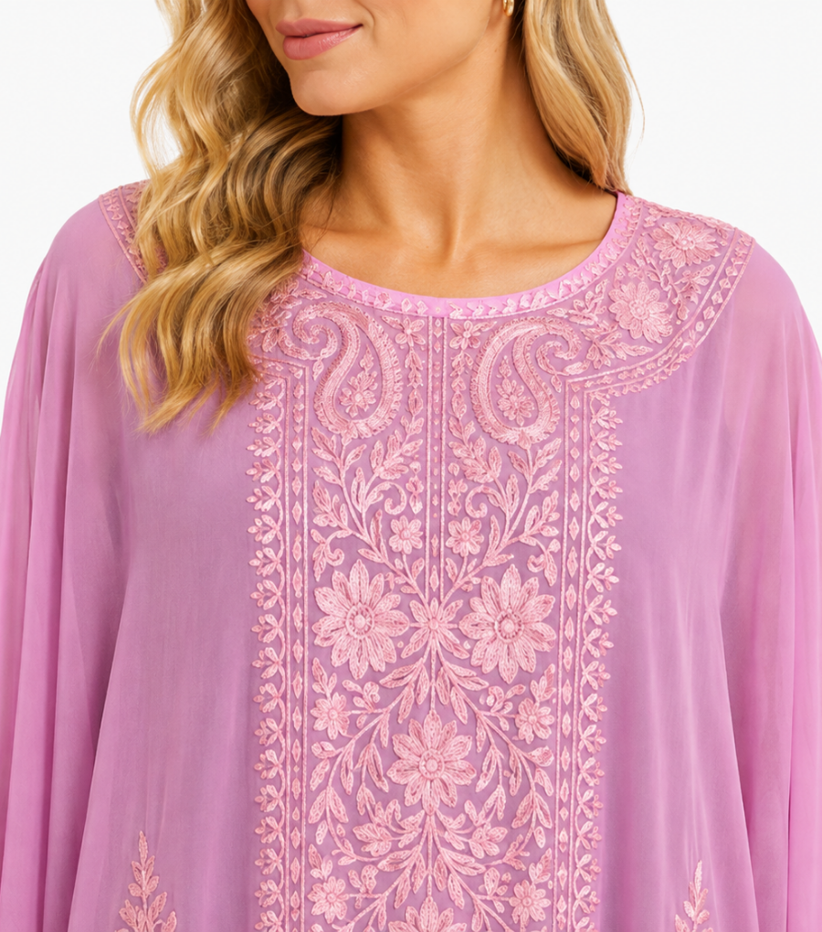 Elegant Blush Pink Kaftan with Intricate Floral Paisley Embroidered Front Panel
