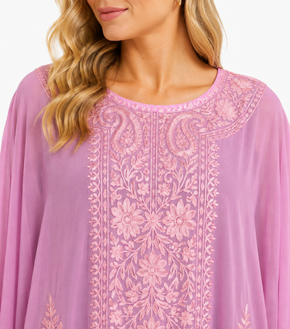 Elegant Blush Pink Kaftan with Intricate Floral Paisley Embroidered Front Panel