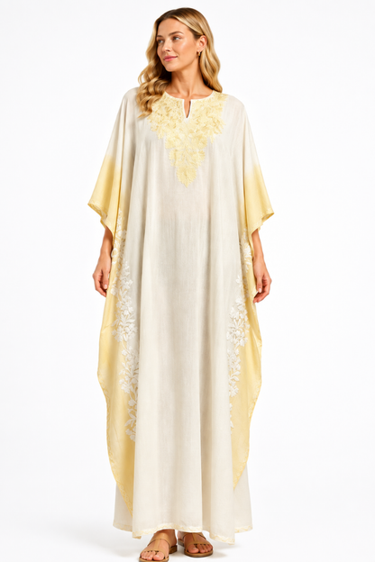 Elegant Ivory Kaftan with Golden Floral Embroidery