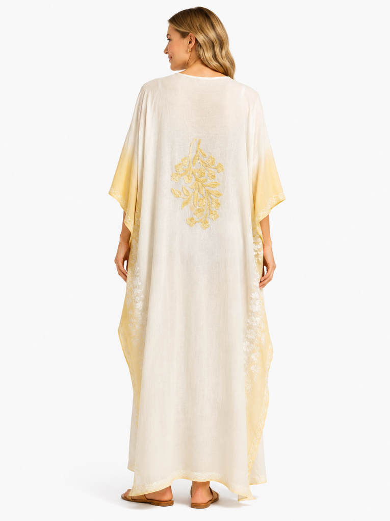 Elegant Ivory Kaftan with Golden Floral Embroidery