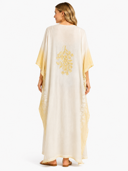 Elegant Ivory Kaftan with Golden Floral Embroidery