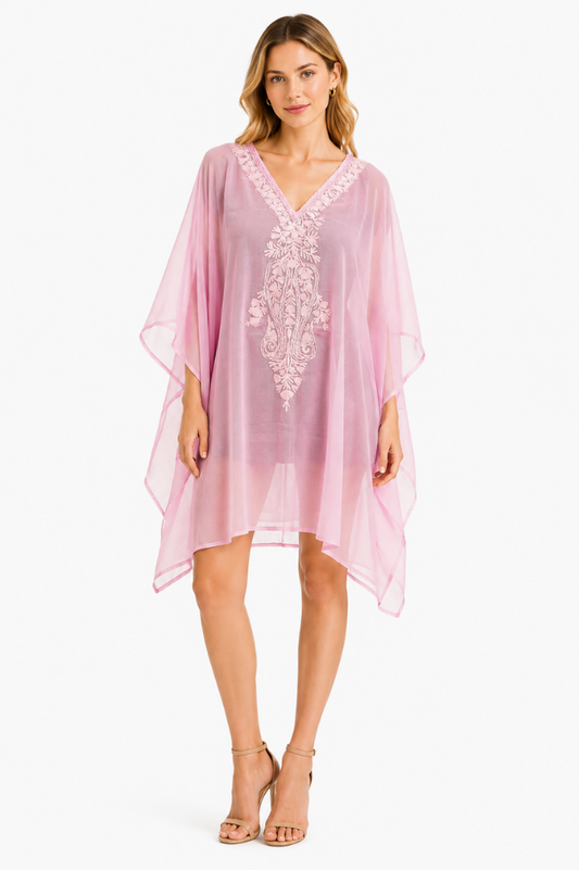 Blush Pink Floral Embroidered Kaftaan with V-Neck Detailing