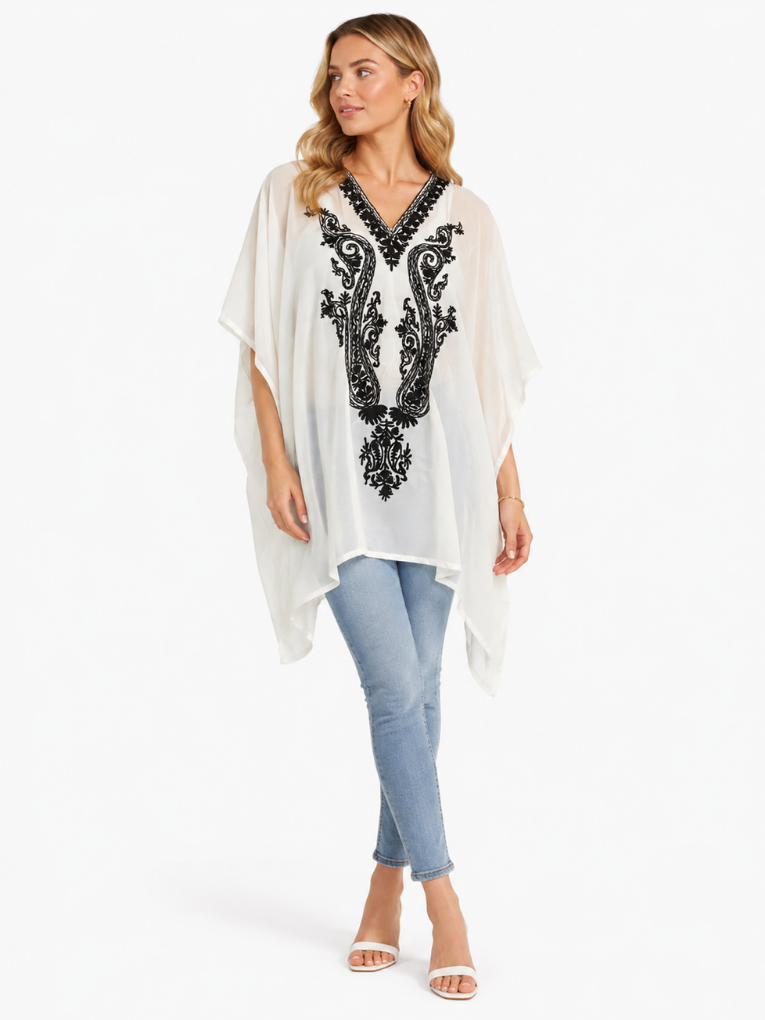 Elegant Ivory White Kaftan with Intricate Black Floral & Paisley Embroidery
