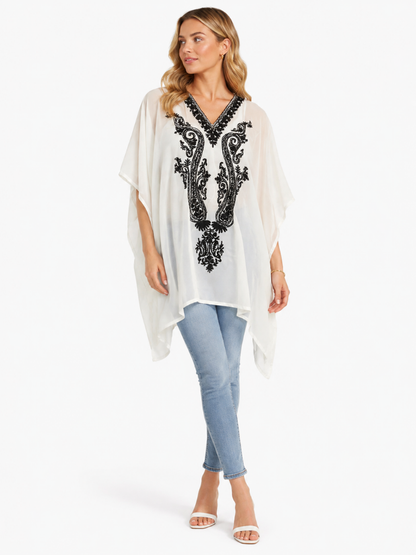 Elegant Ivory White Kaftan with Intricate Black Floral & Paisley Embroidery