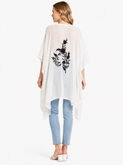 Elegant Ivory White Kaftan with Intricate Black Floral & Paisley Embroidery