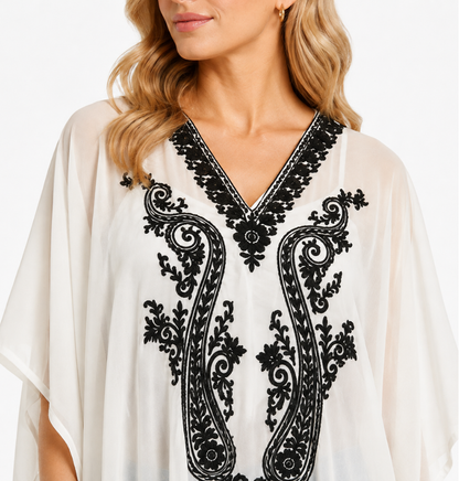 Elegant Ivory White Kaftan with Intricate Black Floral & Paisley Embroidery