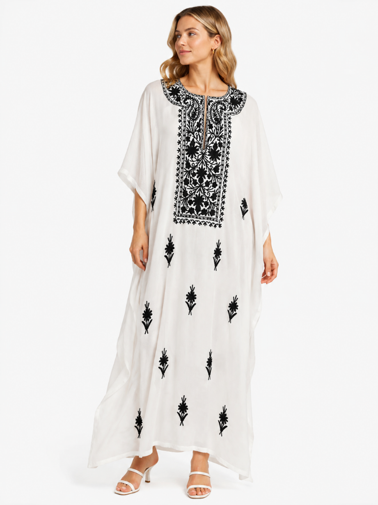 Elegant Ivory White Kaftan with Intricate Black Floral Embroidery