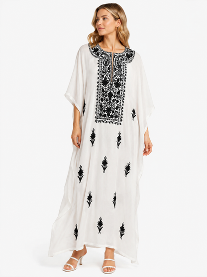 Elegant Ivory White Kaftan with Intricate Black Floral Embroidery