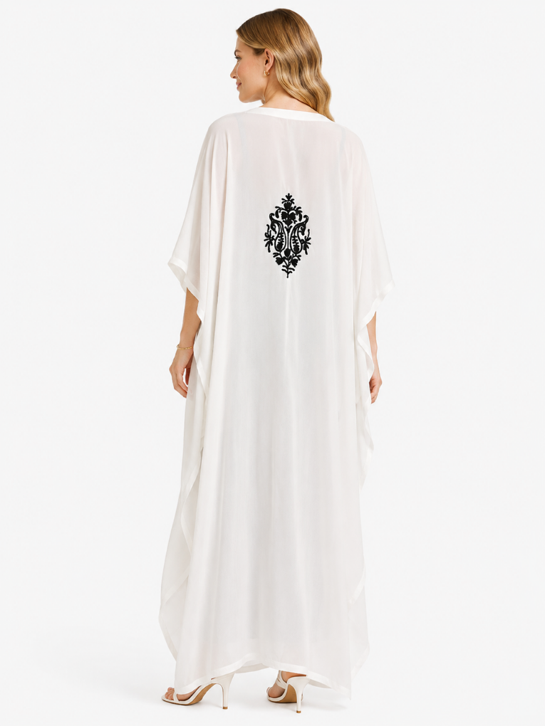 Elegant Ivory White Kaftan with Intricate Black Floral Embroidery