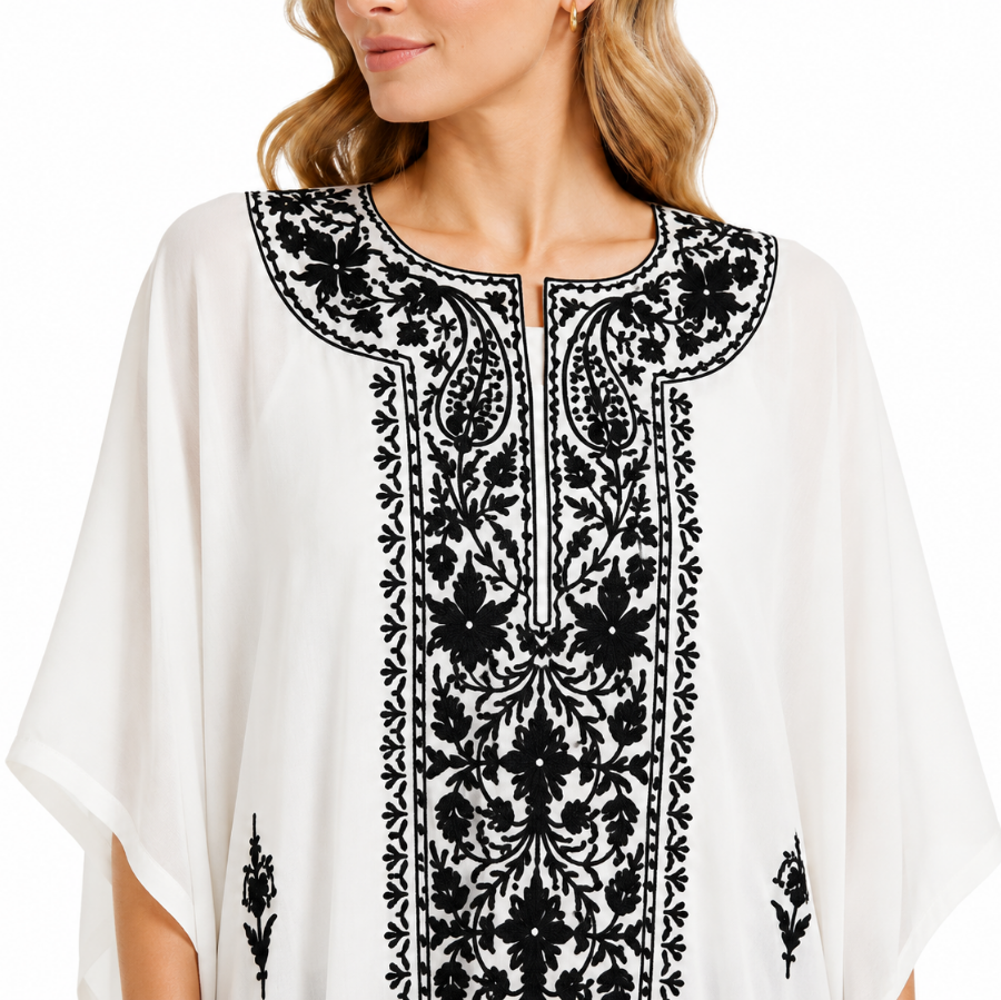 Elegant Ivory White Kaftan with Intricate Black Floral Embroidery