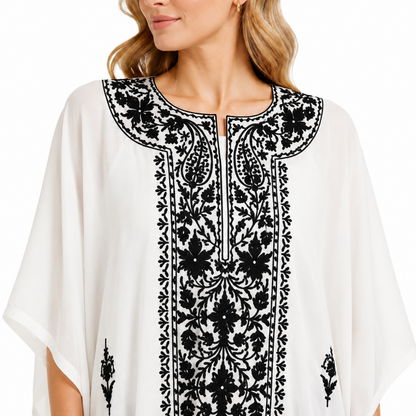 Elegant Ivory White Kaftan with Intricate Black Floral Embroidery