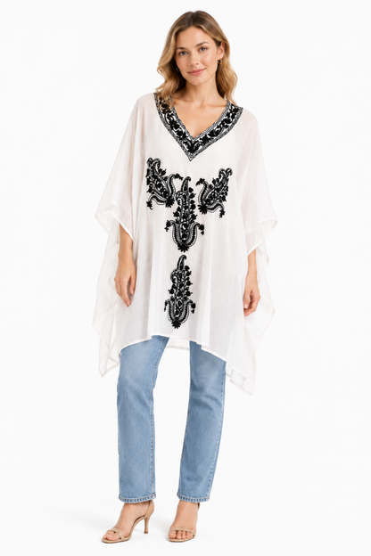 Ivory V-Neck Embroidered Short Kaftan