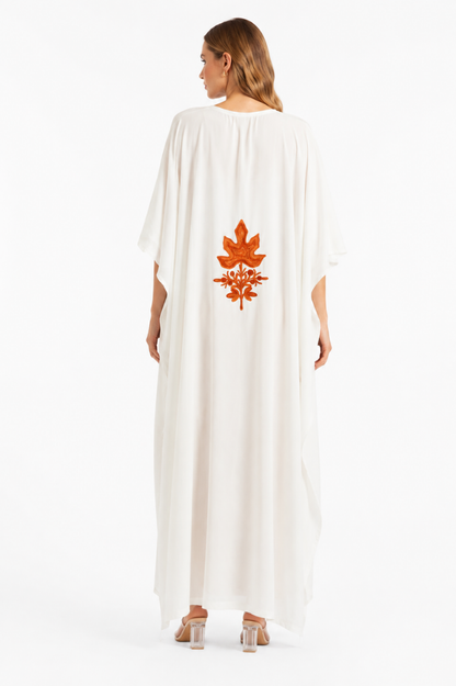 Vanilla Ivory Crepe Kaftan with Burnt Orange Aari Embroidery
