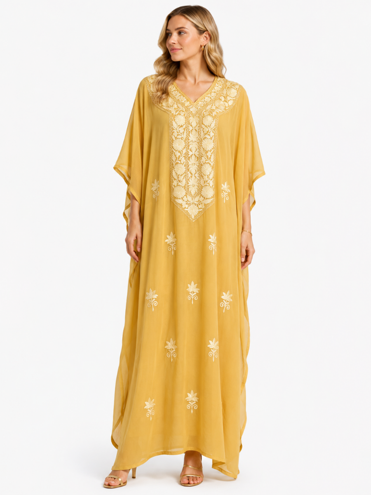 Golden Mustard Floral Embroidered Kaftan