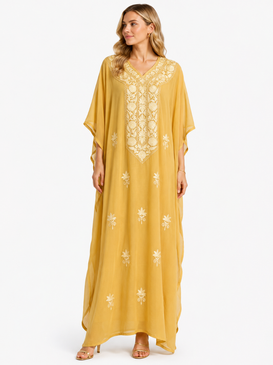 Golden Mustard Floral Embroidered Kaftan