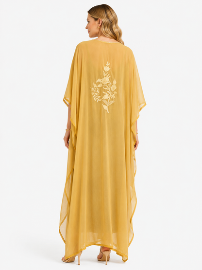 Golden Mustard Floral Embroidered Kaftan